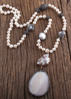 White Boho Pearl Necklace Crystal Pendant