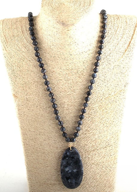 Boho Beaded Necklace - Natural Stone Pendant