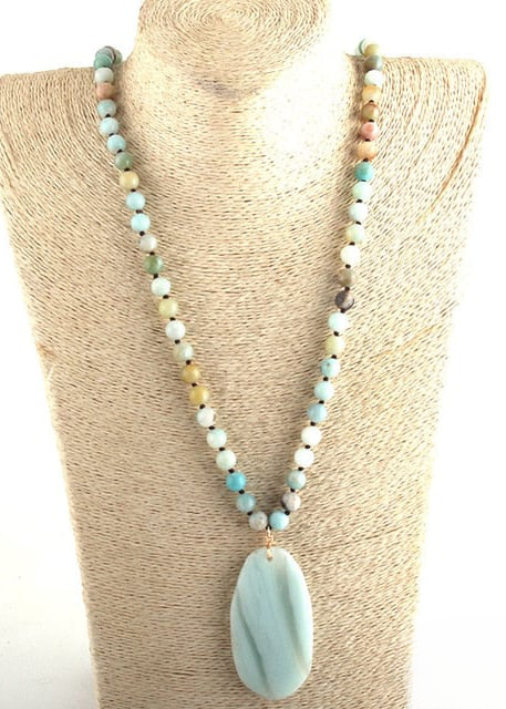 Boho Beaded Necklace - Natural Stone Pendant