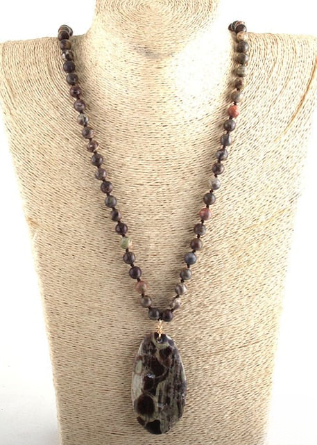 Boho Beaded Necklace - Natural Stone Pendant