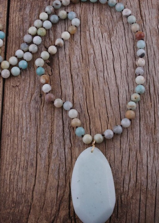 Boho Beaded Necklace - Natural Stone Pendant