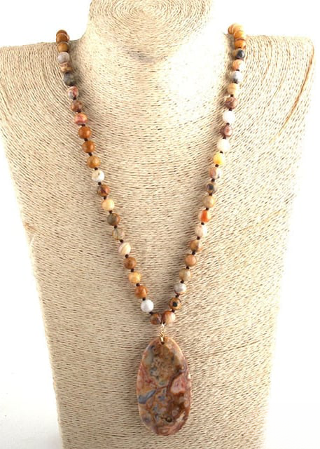 Boho Beaded Necklace - Natural Stone Pendant