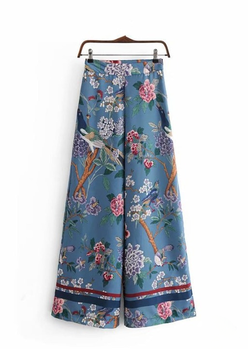 Boho Palazzo Pants in duck blue with floral pattern