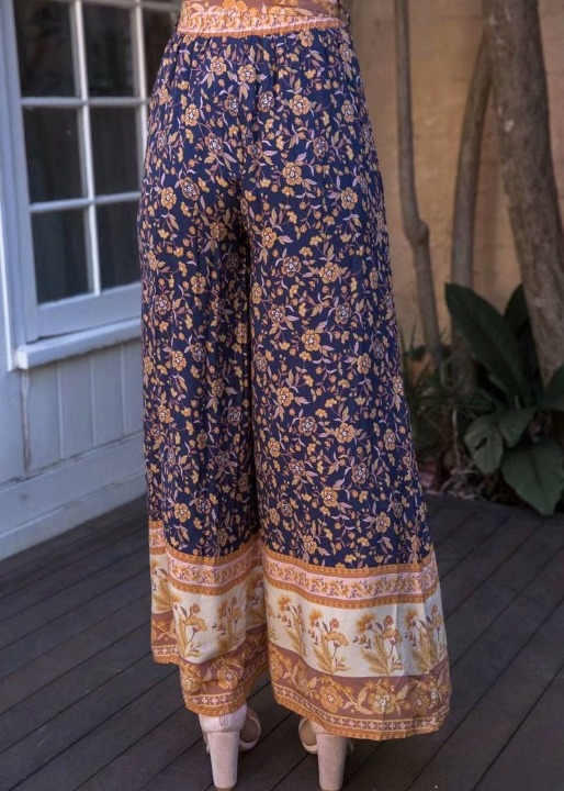 Boho Palazzo Pants in navy blue floral pattern, bow on the waist