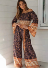 Boho Palazzo Pants in navy blue floral pattern, bow on the waist