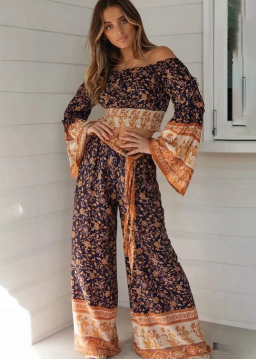 Boho Palazzo Pants in navy blue floral pattern, bow on the waist
