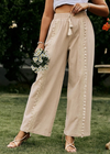 Boho khaki cotton pants with wide legs pompom pattern