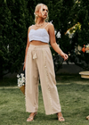 Boho khaki cotton pants with wide legs pompom pattern