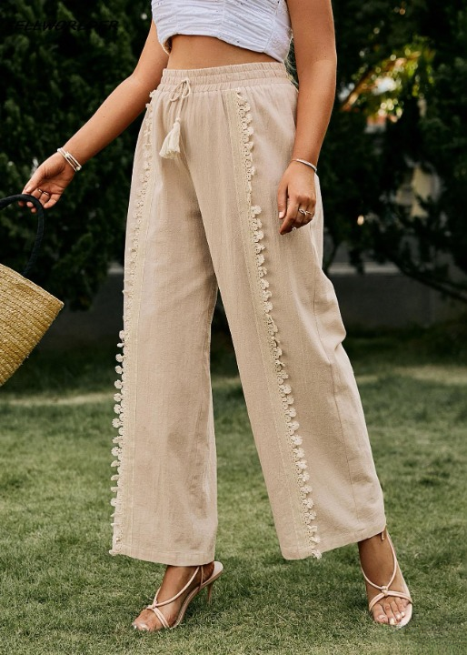 Boho khaki cotton pants with wide legs pompom pattern