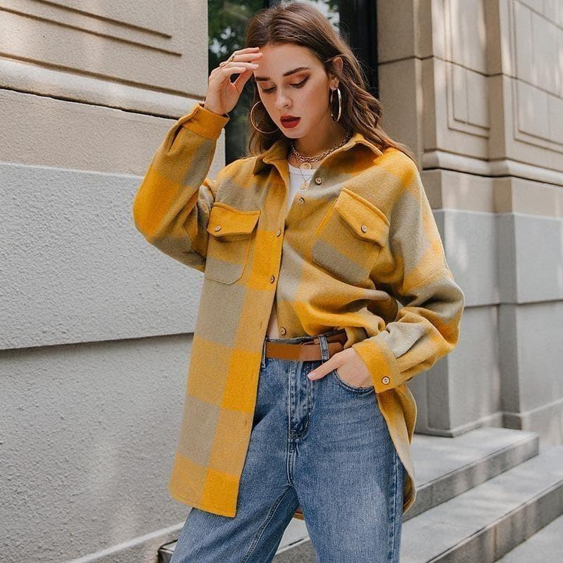 Boho Plaid Shirt Jacket in Yellow / Grey