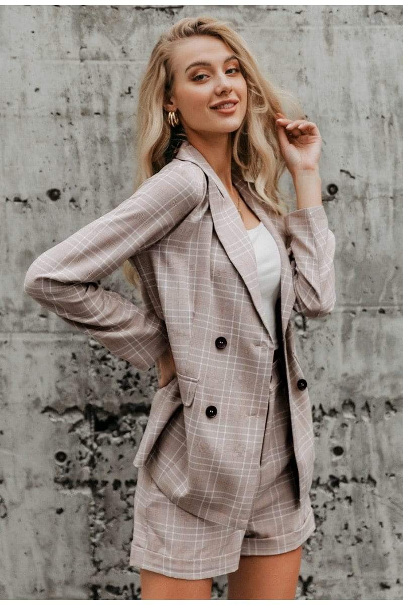 Boho Plaid Suit (Blazer + Short) in Taupe