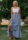 Boho flared long skirt blue with embroidered patterns, pompom cord