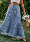 Boho flared long skirt blue with embroidered patterns, pompom cord