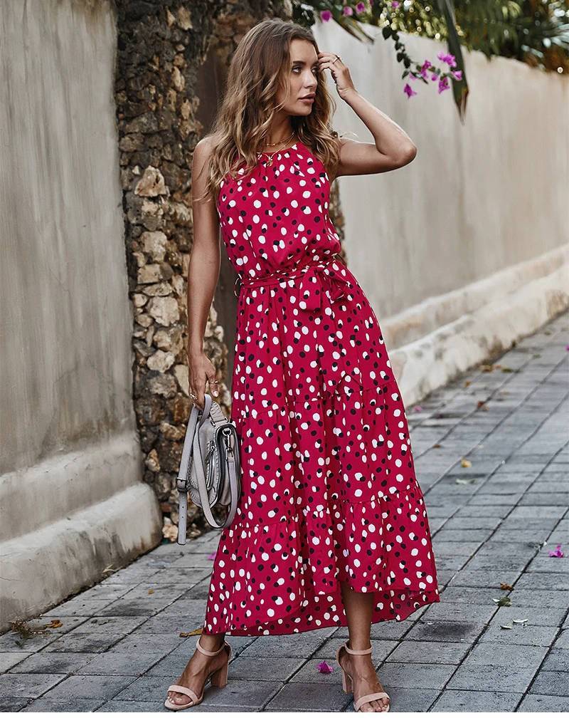 Boho Red Long Spotted Dress