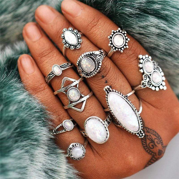 Boho Silver Rings Set Opal - Main Image