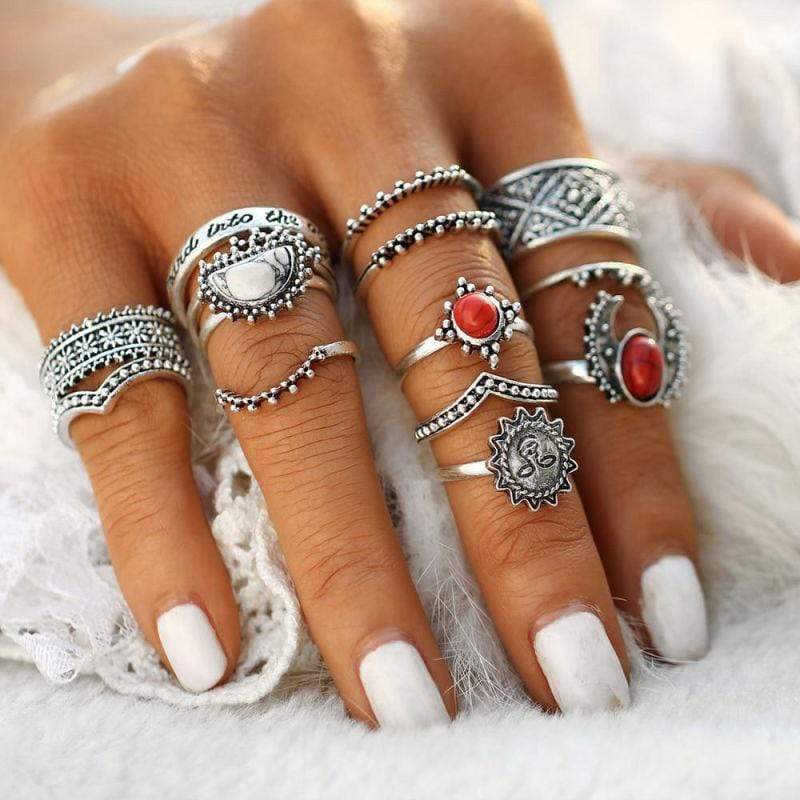 Boho Silver Rings Set Ruby