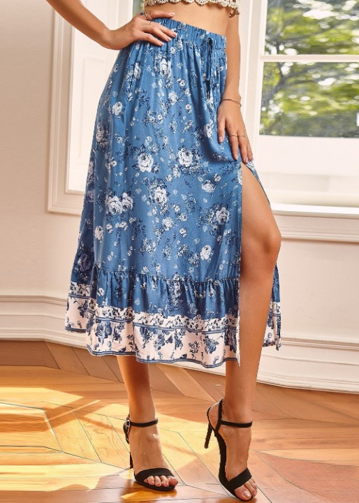 Floral midi skirt with slit and stretch waist