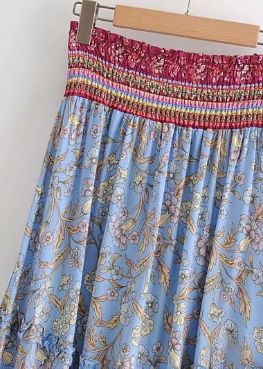 Boho Long flared Skirt with floral pattern elastic waist