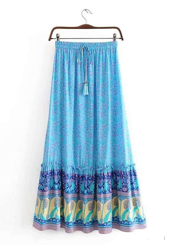 Boho maxi Skirt in Blue Peacock floral patterned