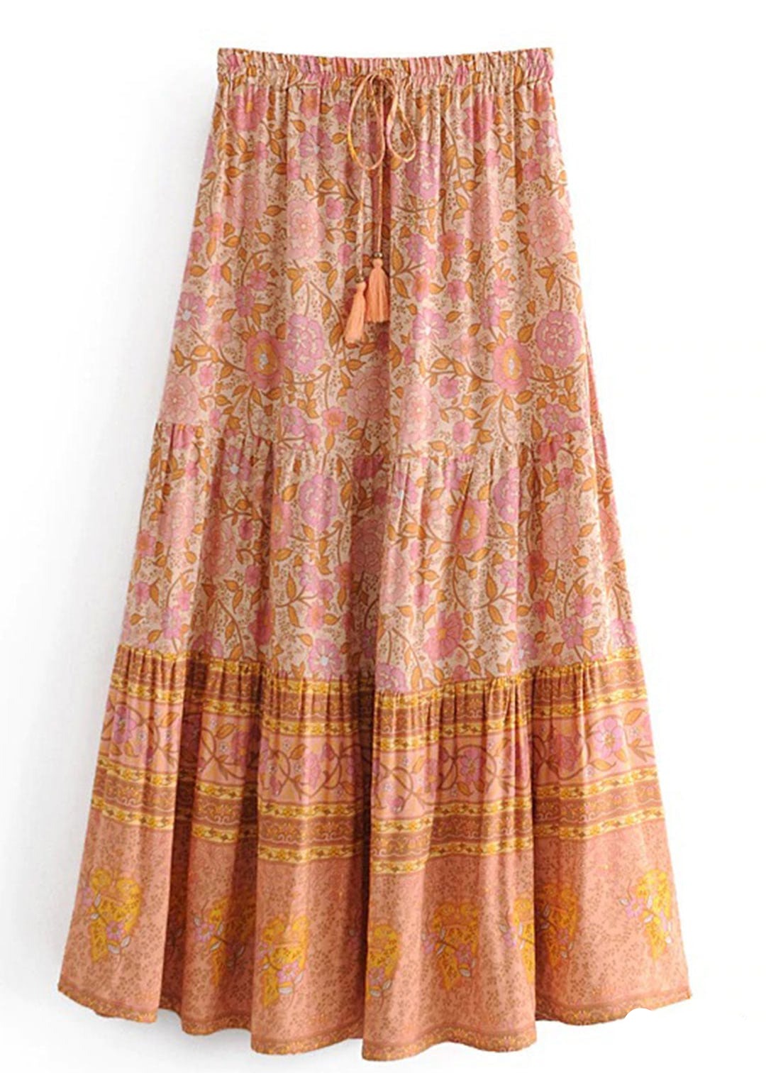 Boho Orange maxi Skirt with pink floral pattern