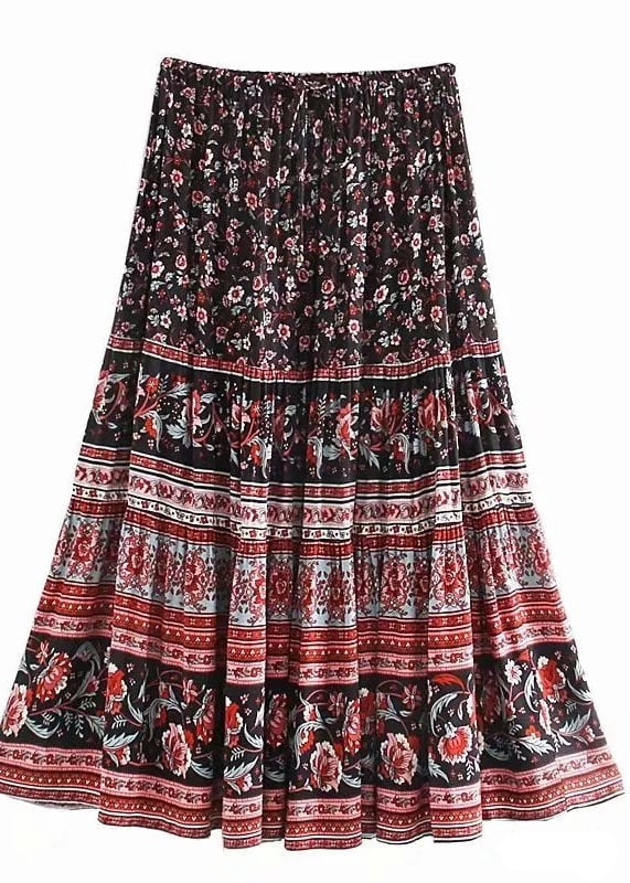 Boho Floral long Skirt with black and red tones