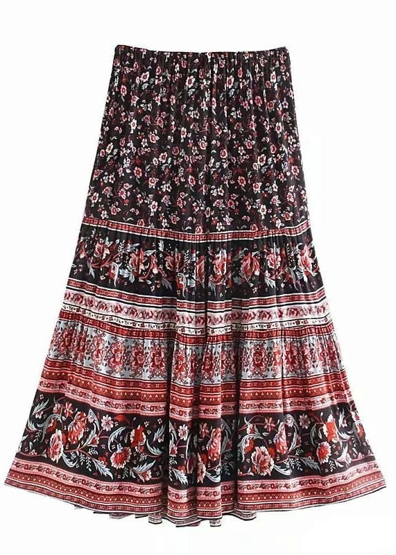 Boho Floral long Skirt with black and red tones