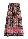 Boho black maxi skirt with floral pink pattern