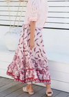 White boho maxi skirt with pink feathers