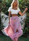 Pink boho ruffled maxi skirt with floral pattern