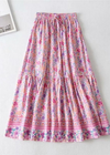 Pink boho ruffled maxi skirt with floral pattern