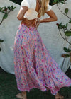 Pink boho ruffled maxi skirt with floral pattern