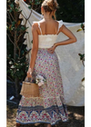 Boho Beige ruffled long skirt with colorful flower pattern