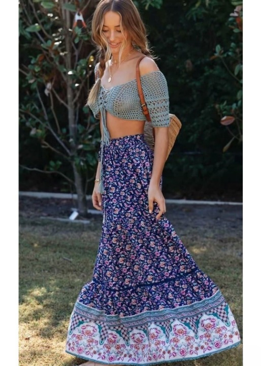 Boho Purple flared maxi skirt with floral pattern