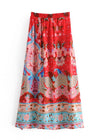 Boho Red maxi Skirt with floral print and pompom