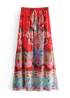 Boho Red maxi Skirt with floral print and pompom