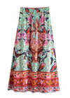 Boho Green maxi Skirt with pink floral print and Slits