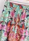 Boho Green maxi Skirt with pink floral print and Slits