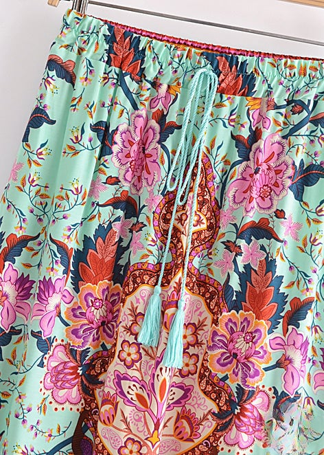 Boho Green maxi Skirt with pink floral print and Slits
