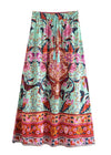 Boho Green maxi Skirt with pink floral print and Slits