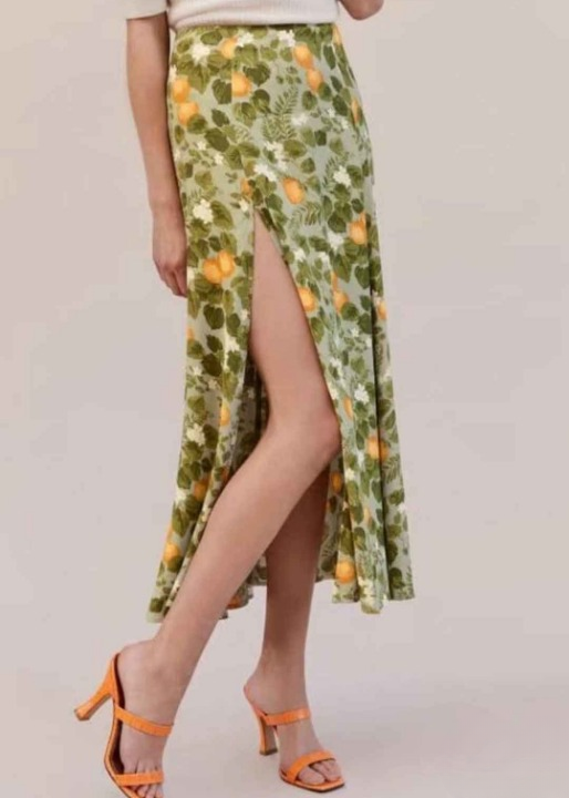 Boho mid-length Green Boho skirt with slit leaf pattern
