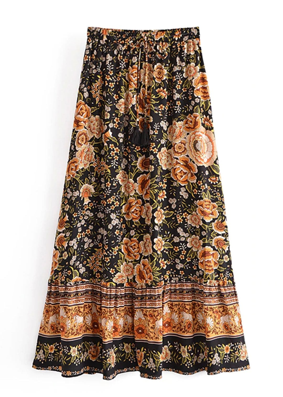 Black Boho maxi Skirt with orange floral pattern