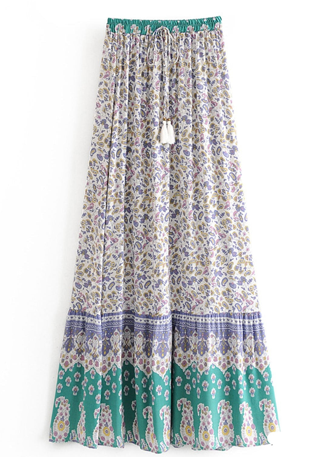 Boho maxi Skirt with purple and green floral pattern