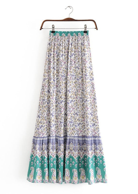 Boho maxi Skirt with purple and green floral pattern