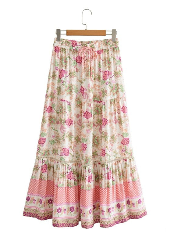 Boho white maxi Skirt ruffled pink floral pattern