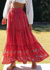 Boho Bright red maxi Skirt with floral pattern