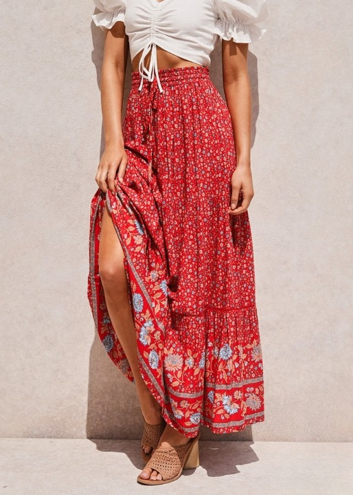 Boho Bright red maxi Skirt with floral pattern