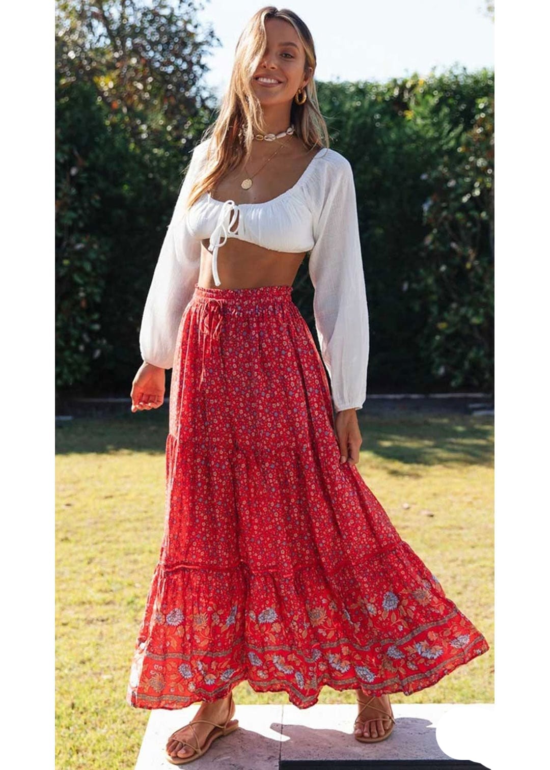 Boho Bright red maxi Skirt with floral pattern