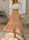 Boho Long Flared Skirt asymmetrical pink orange floral pattern