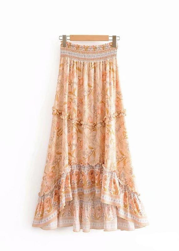 Boho Long Flared Skirt asymmetrical pink orange floral pattern