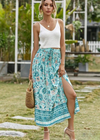 Blue Boho long Skirt with smocked waist, floral pattern with slit